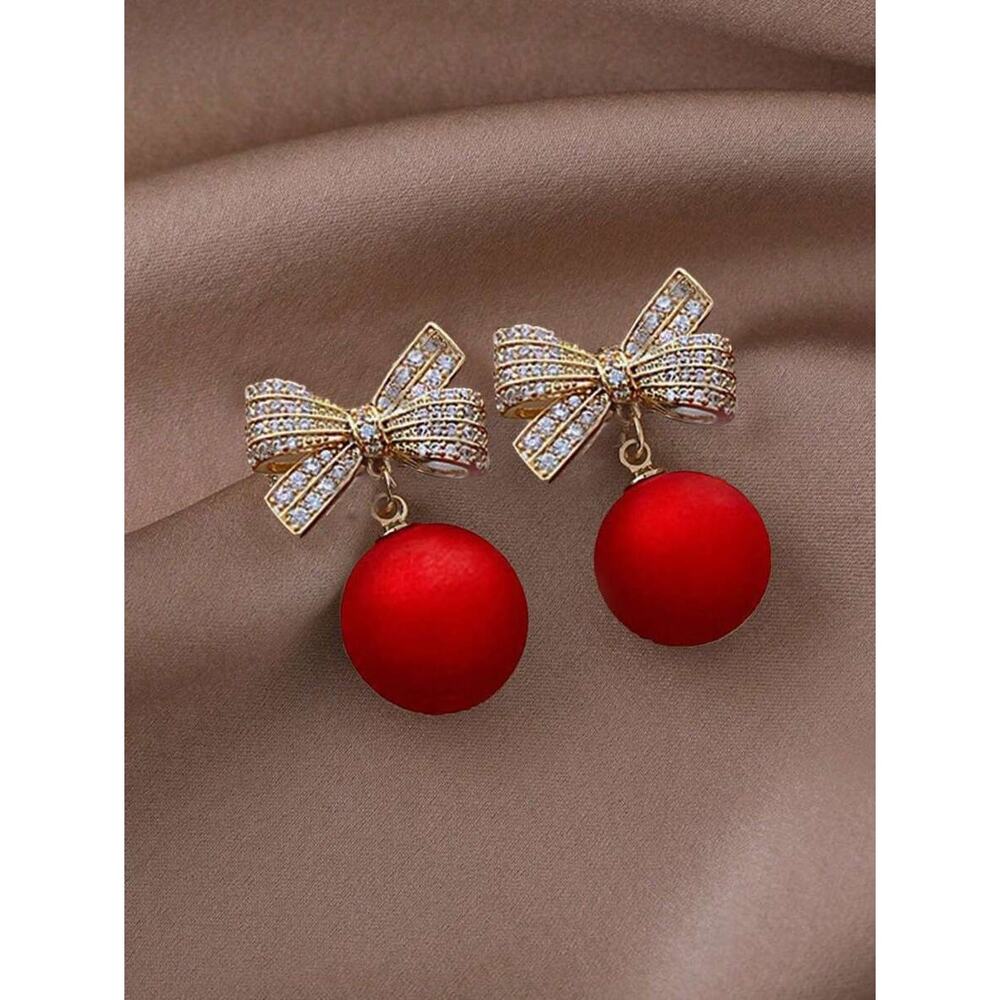 Beautiful Elegant Chic Red Holiday Ornament Ball w/ Jeweled Bow Drop Earrings